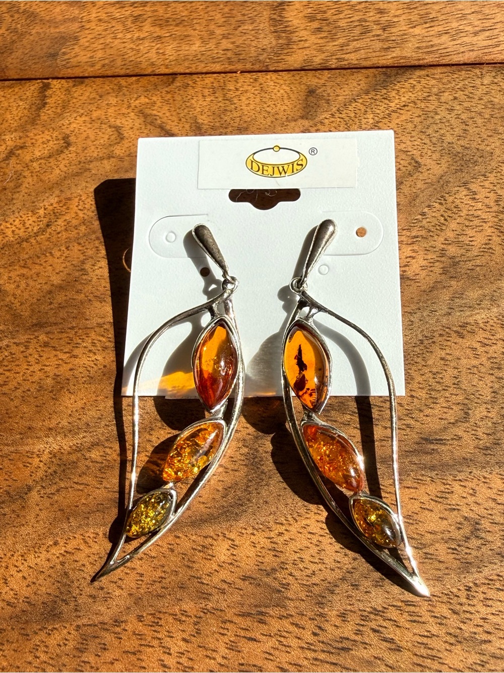 NEW Dejwis Poland 925 sterling silver amber leaf drop earrings